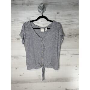 Rachel Zoe Shirt Womens Medium Navy White Striped Linen Tie Front Button V-Neck